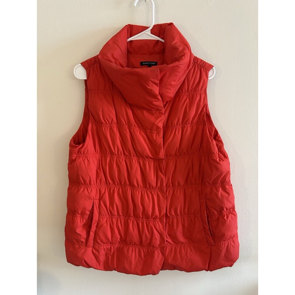 Eileen Fisher Vest Red Down Puffer Quilted Snap Collar Preppy Size S
